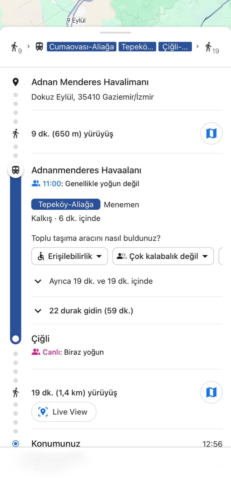 Public transport route from Adnan Menderes Airport to İzmir Can Hastanesi