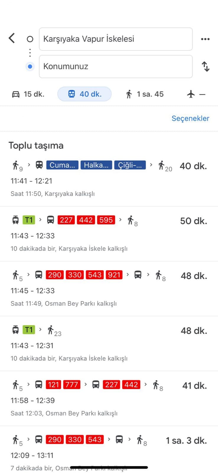 Public transport route from Karşıyaka Ferry Pier to İzmir Can Hastanesi